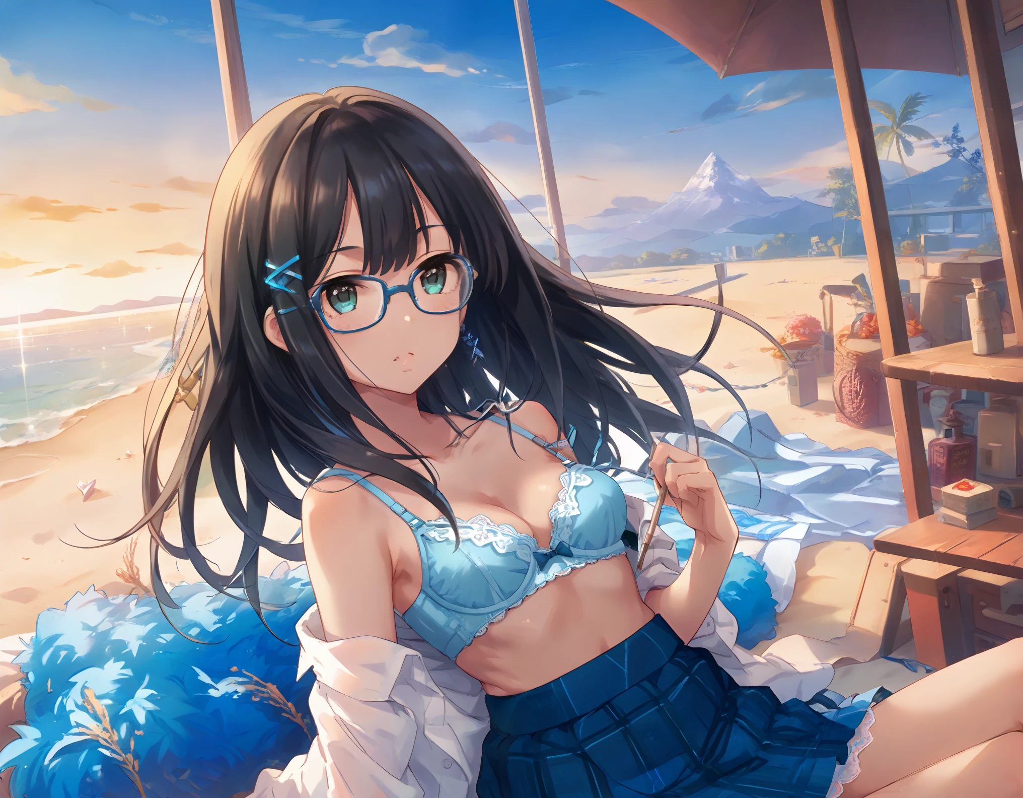 In a white shirt(tits、Blue Bra)Sticks to、From a white shirt(tits、Blue Bra)is transparent、Blue flared skirt、Lift up your skirt(Cute white lace underwear)Show、Girl with long black hair and glasses、whole body、Sandy beach and blue sky