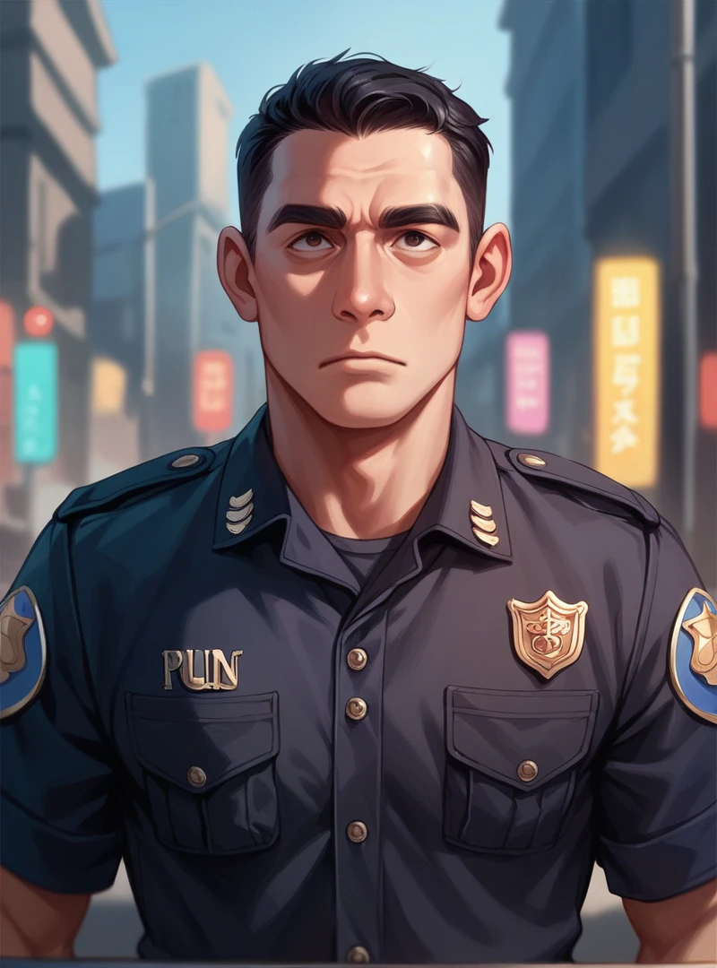 Create a 3D illustration of an animated character of a handsome Indonesian man with a big head, oval face, long chin and short black hair. The character has to dress up like an Indonesian policeman with a super burly body that is very fashionable.