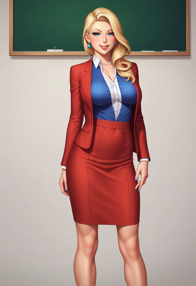A beautiful teacher in a suit stands in the room, There is a blackboard on the wall behind her, Beautiful teacher, Sexy, aloof, Black wrapped long legs, blonde, Licking lips,Ultra HD, Retina, precise, masterpiece, Anatomically correct, Textured Skin, Super Detail, high quality, High Detail, best quality, high resolution, 1080P