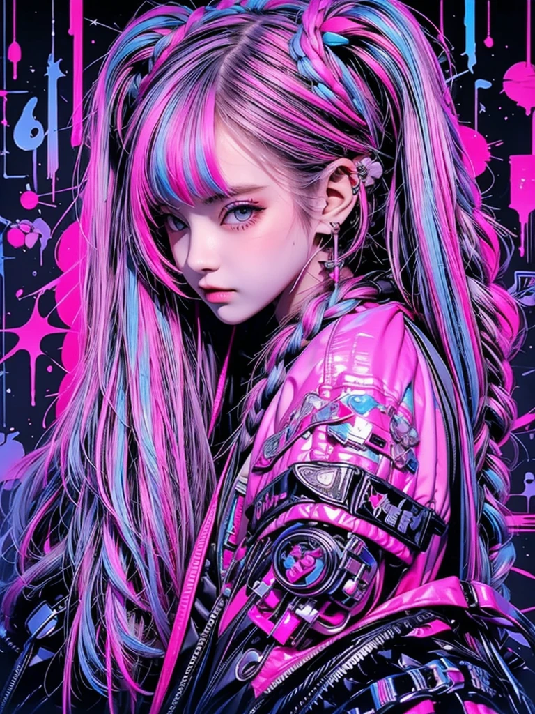 High quality, high resolution, rough texture, cyberpunk, 1 person, beautiful girl holding an inkjet gun like the one in Splatoon, pink and blue hair color, twin tails, braided, hugging a cyberpunk black teddy bear