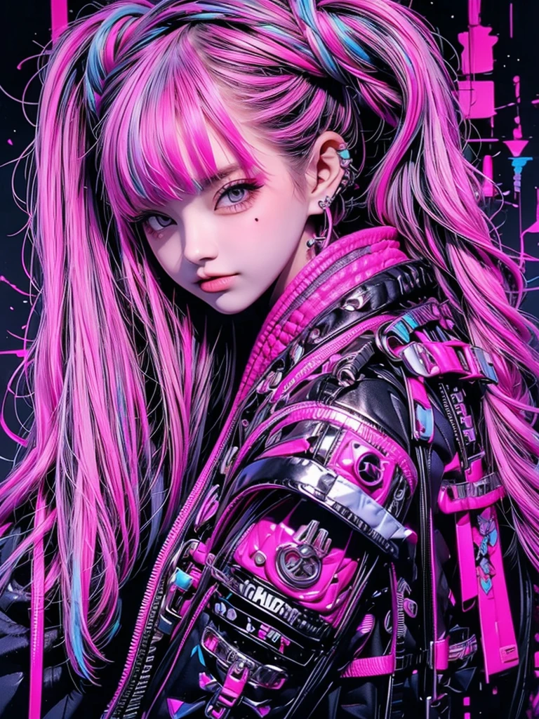 High quality, high resolution, rough texture, cyberpunk, 1 person, beautiful girl holding an inkjet gun like the one in Splatoon, pink and blue hair color, twin tails, braided, hugging a cyberpunk black teddy bear