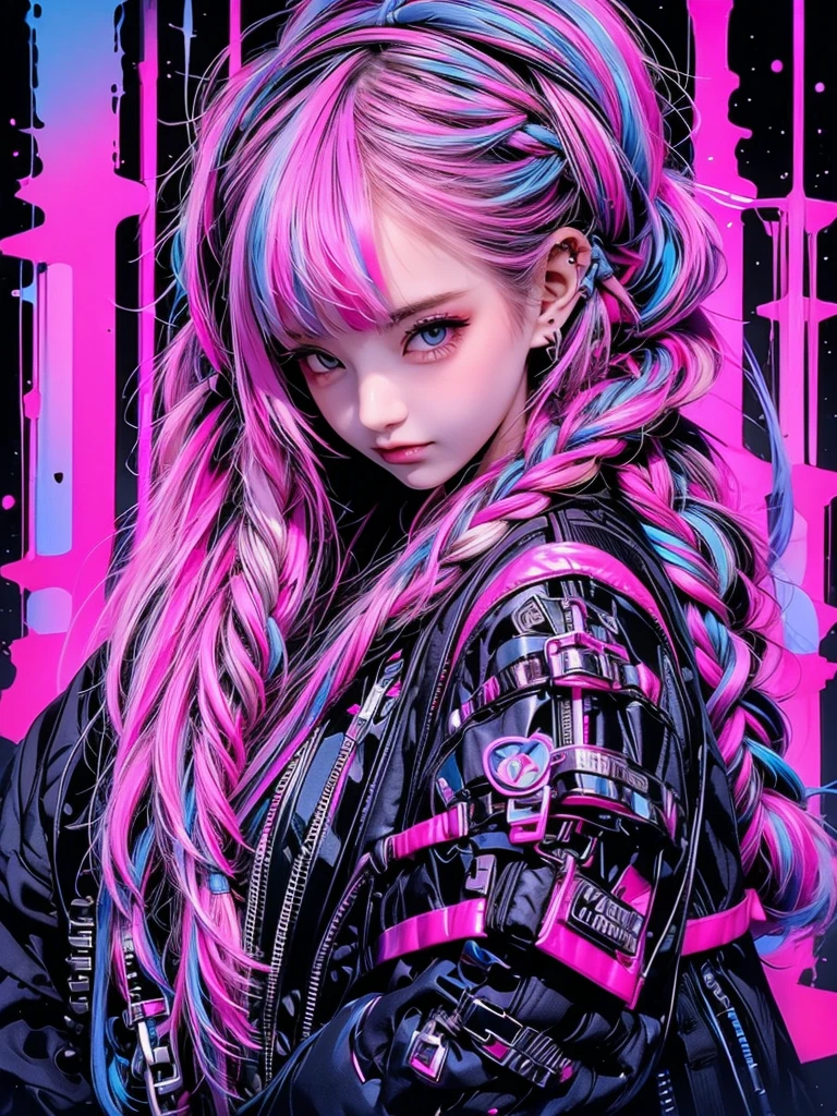High quality, high resolution, rough texture, cyberpunk, 1 person, beautiful girl holding an inkjet gun like the one in Splatoon, pink and blue hair color, twin tails, braided, hugging a cyberpunk black teddy bear