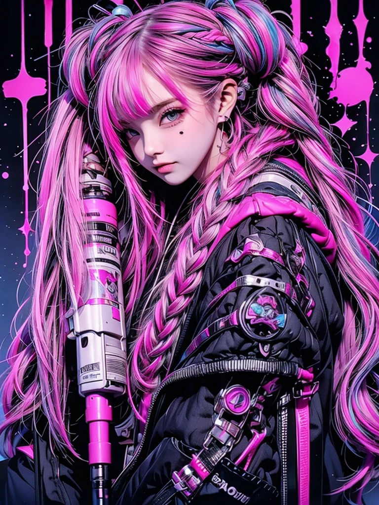 High quality, high resolution, rough texture, cyberpunk, 1 person, beautiful girl holding an inkjet gun like the one in Splatoon, pink and blue hair color, twin tails, braided, hugging a cyberpunk black teddy bear