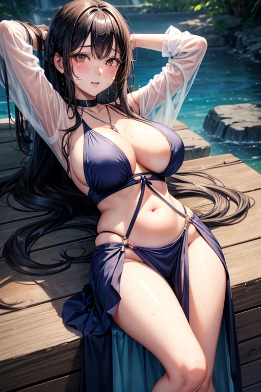 Kaori, Single model, solo, half Asian, half Latino, very long straight black hair, freckles, blushing, wet eyes, long chain pendant, very large heavy breasts, chubby, belly, stretchmarks, mage