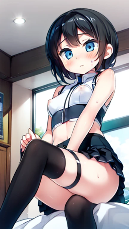 (Highest quality), (masterpiece), 1080P, High resolution, 4K, 8k, Thigh straps, Shooting from directly below, The woman on top of me, Nipples, 白いSweat, Covered , Sweat, Woman looking down, Micro Bikini, Skirt swimsuit, Thigh-high socks, To achieve this, , Small breasts, whole body, Black leather shoes, Braided hair, Inner Color, Embarrassed face, Short black hair, bracelet, Bedroom,celestial body_Vest