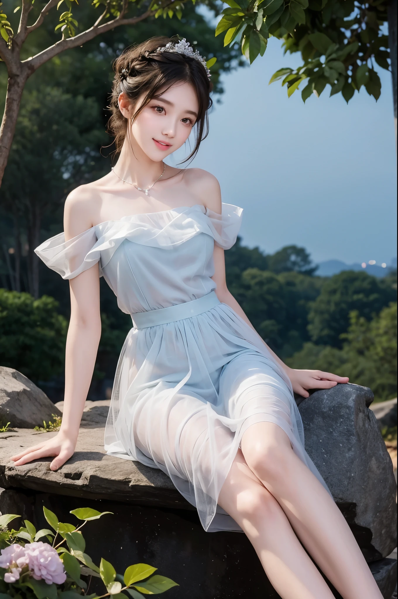 Sweet girl clothes8,(gem:1.3), (night), moonlight下的凉亭中，A beautiful girl sitting on a bench, It is surrounded by flowers, Her breasts are partially visible, The body leans back，Support your body with your elbows, Elegant and seductive pose, 1 Girl, Delicate face, moonlight, Atmospheric lighting, Detailed environment, Dense forest, Dramatic Lighting, Movie, A bright smile, fantasy