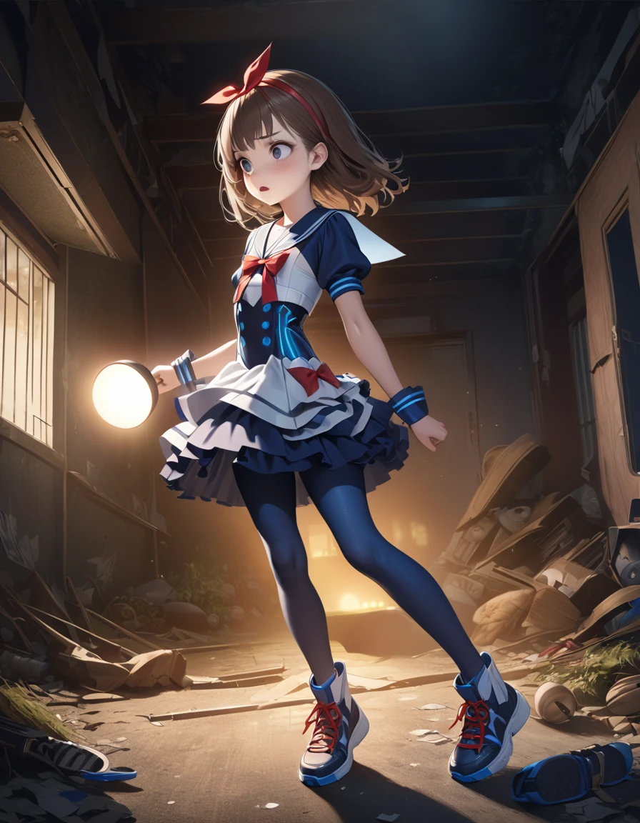 (Highest quality,4K,High resolution),Very detailed,Realistic, Japanese , Looks scared, Long brown hair,mysterious, Ecomodernism, Bokeh, Ribbon Headband,Small breasts,Futuristic Sailor Lolita Dress,Puff sleeves,White and blue,Colorful lighting, Red ribbon, Dark blue pantyhose,Sports boots, Have a flashlight, Walking alone through a haunted abandoned house, At night, Low Light, darkness, Very detailed, 4K. Blue tights, tumble, Fall down