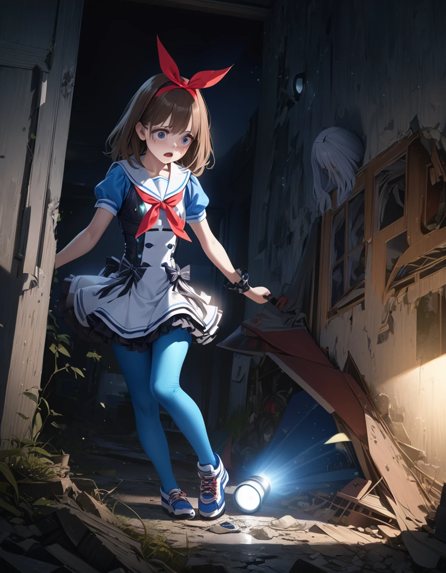 (Highest quality,4K,High resolution),Very detailed,Realistic, Japanese , Looks scared, Long brown hair,mysterious, Ecomodernism, Bokeh, Ribbon Headband,Small breasts,Futuristic Sailor Lolita Dress,Puff sleeves,White and blue,Colorful lighting, Red ribbon, Dark blue pantyhose,Sports boots, Have a flashlight, Walking alone through a haunted abandoned house, At night, Low Light, darkness, Very detailed, 4K. Blue tights, tumble, Fall down