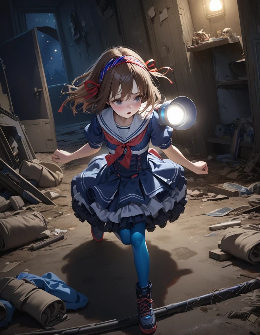 (Highest quality,4K,High resolution),Very detailed,Realistic, Japanese , Looks scared, Long brown hair,mysterious, Ecomodernism, Bokeh, Ribbon Headband,Small breasts,Futuristic Sailor Lolita Dress,Puff sleeves,White and blue,Colorful lighting, Red ribbon, Dark blue pantyhose,Sports boots, Have a flashlight, Walking alone through a haunted abandoned house, At night, Low Light, darkness, Very detailed, 4K. Blue tights, tumble, Fall down