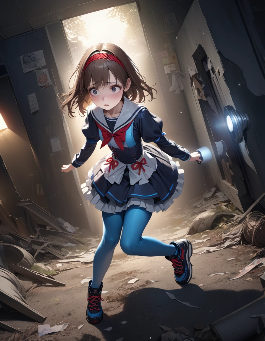 (Highest quality,4K,High resolution),Very detailed,Realistic, Japanese , Looks scared, Long brown hair,mysterious, Ecomodernism, Bokeh, Ribbon Headband,Small breasts,Futuristic Sailor Lolita Dress,Puff sleeves,White and blue,Colorful lighting, Red ribbon, Dark blue pantyhose,Sports boots, Have a flashlight, Walking alone through a haunted abandoned house, At night, Low Light, darkness, Very detailed, 4K. Blue tights, tumble, Fall down