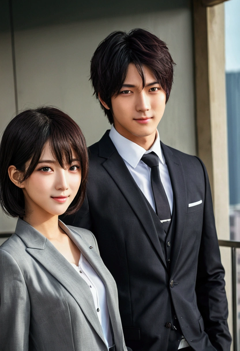 (nonsense, high resolution, Special details, HDR), Masterpiece, complicated details, Best quality close-up images, Characters with handsome faces, Korean Page, original black hair, short hair, brown eyes anime, smiling face, fully grown agers, Theme atmosphere of the series kinporsche the sirie, suit, , View from the building, Detailed characters, Kenouji Art