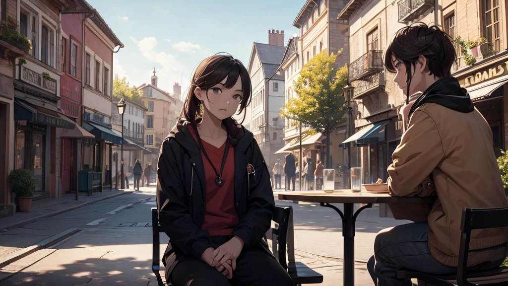 there are two caracters, a girl and a  male doctor in the scene, the girl is talking to the doctor, the girl is sitting on a bench in a town square, highly detailed