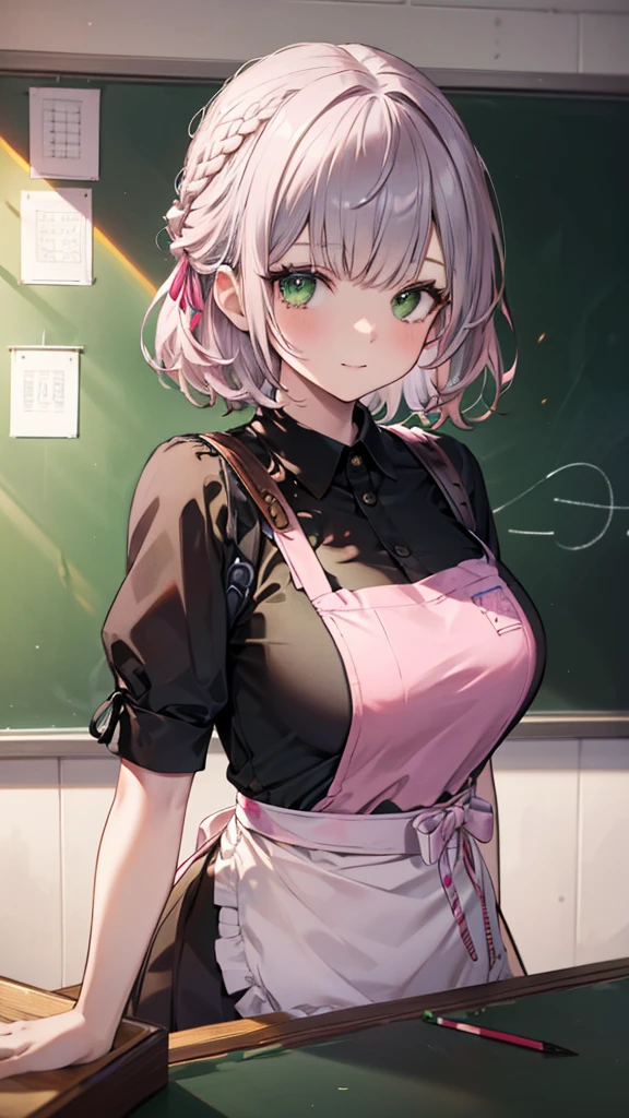 (best quality:1.2), (ultra detailed:1.2),(masterpiece:1.2),(8k:1.2),(Blessed,Captivating body、Ultra detailed hands、Ultra-detailed eyes、Ultra-detailed skin、ultra-detailed face,Detailed Background),One Girl、(kindergarten teacher, pink apron, kindergarten:1.6),large breasts,(in the kids room:1.2), children’s toy, in the daytime,gentle smile, ccnoel, short hair, french braid, hair ribbon, green eyes