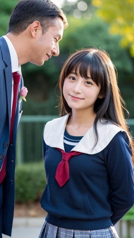 Beautiful and cute Japanese  high school girl caresses middle-aged man&#39;s penis while naked