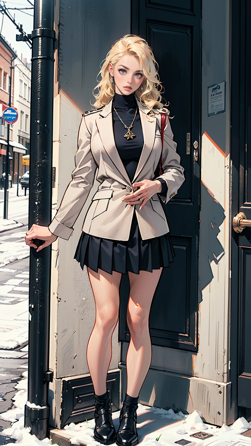 (ultra-detailed, photorealistic, best quality, 4k, 8k, highres, masterpiece:1.3), a woman wearing a winter coat in the snow, In her Swiss Elite Private , Isabella exudes an air of rebellious elegance, Her outfit includes a Top: A crisp white blouse neatly tucked into her pleated navy blue skirt, worn daringly shorter than the standard length, hinting at her bold personality, Bottom: A pleated navy blue skirt that accentuates her supermodel-like figure, Shoes: Polished, high-quality leather shoes subtly reflecting her affluent background, Accessories: A vintage silver locket, a family heirloom, showcasing her individuality amidst the uniformity, Her blonde hair: Left loose, its wavy locks cascading around her shoulders, enhancing her youthful charm, Additional: Her school blazer is often casually draped over her arm, adding a touch of nonchalance to her otherwise formal attire, Despite the constraints of the uniform, Isabella injects it with her unique personality, transforming it into a fashion statement that sets her apart from her peers, (((intricate detail, super finely detailed hands, ultra finely detailed fingers, ten fingers, standing confidently, full body showcase, show full body))),