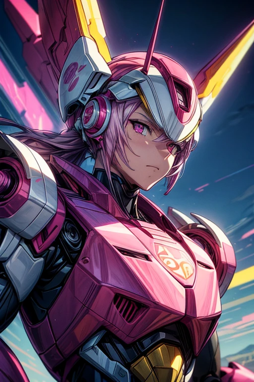 A man in his fifties with pink and white hair and a pink and white helmet, Detailed digital anime art, Best anime 4k konachan wallpaper, アニメMecha aesthetics, Highly detailed digital art in 4K, robot mech woman dragon head, Wallop and Krentz Kuschaert, Highly detailed anime, Mecha aesthetics, Advanced Digital Animation Art