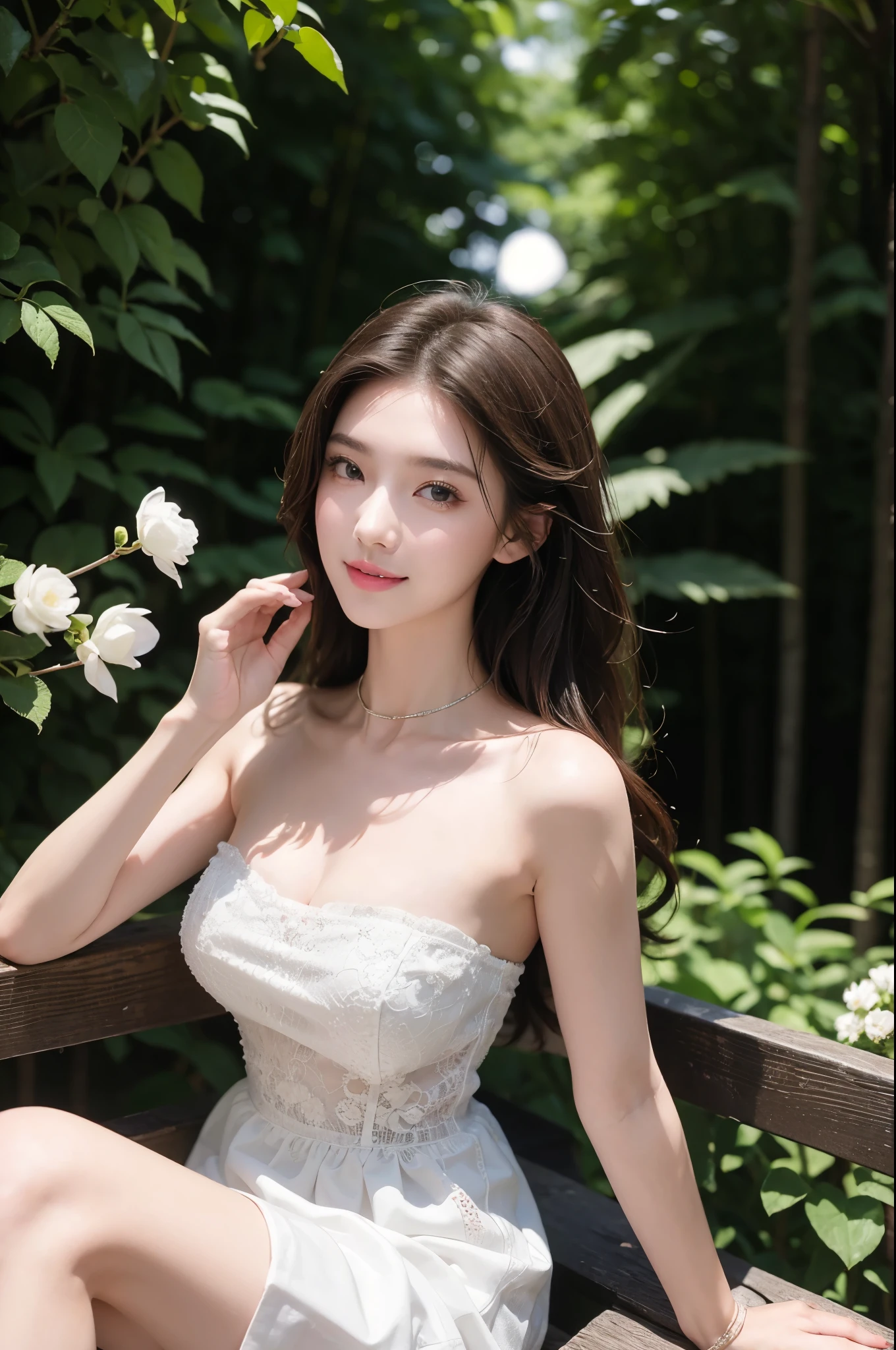 Sweet girl clothes4,strapless dress,jewelry, (night), moonlight下的凉亭中,A beautiful girl sitting on a bench, It is surrounded by flowers, Visible cleavage, The body leans back,Support your body with your elbows, Elegant and seductive pose, 1 Girl, Delicate face, moonlight, Atmospheric lighting, Detailed environment, Dense forest, Dramatic Lighting, Movie, A bright smile, fantasy