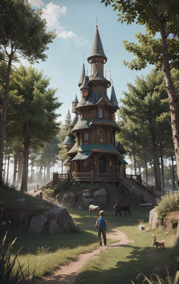 An isometric mobile game set on an island floating above the ground, with a small hill on it. A boy in overalls is herding sheep at the bottom of the hill, while a menacing gray wolf watches from the top. The design is simple and fresh, using a cute and colorful European and American 3D cartoon style, suitable as a high-resolution, high-detail mobile wallpaper or background. Soft lighting, bright colors, and a light blue sky create a fantasy world setting of a magical forest.
