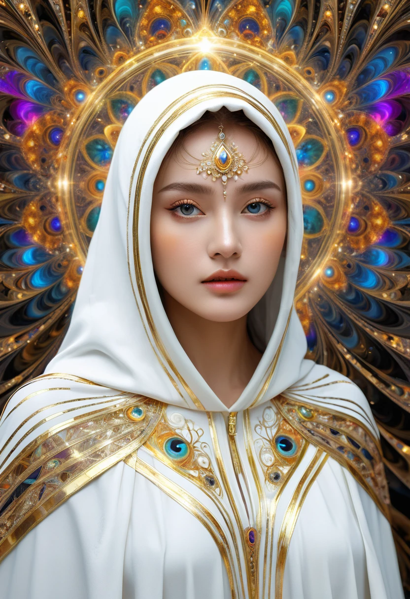 (masterpiece, Top quality, best quality, Official Art, beautiful and aesthetic:1.2), (1 Girl), Extremely detailed, (Fractal Art:1.3), rich and colorful, The most detailed, Perfect face, Upper Body, HDR, (pray:1.3), (white cloak golden lines:1.2), galaxy, (Light stripes), Eye-Catching Visuals, (Dynamic Stripes, Luminous trails:1.2), Vibrant colors,