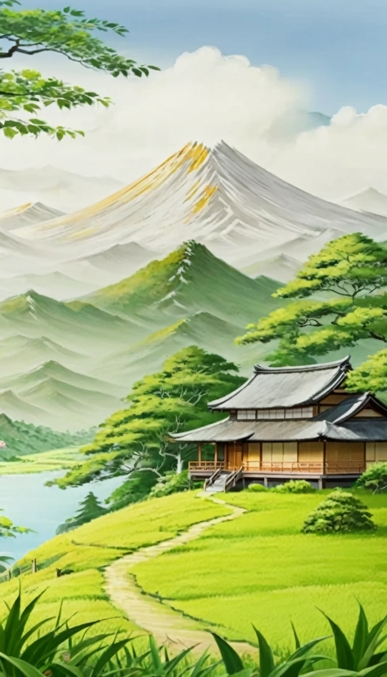 Green savana, tree in the middle, Beside the tree there is a japanese house, there are mountain, warm vibes, 4K