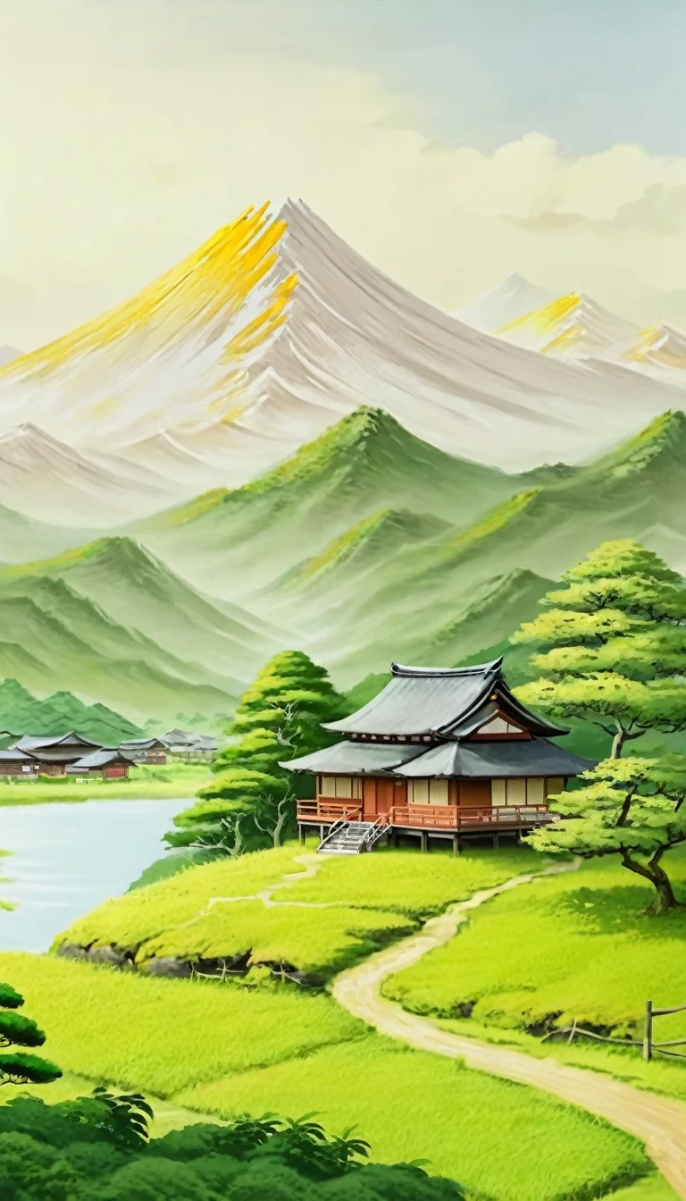 Green savana, tree in the middle, Beside the tree there is a japanese house, there are mountain, warm vibes, 4K