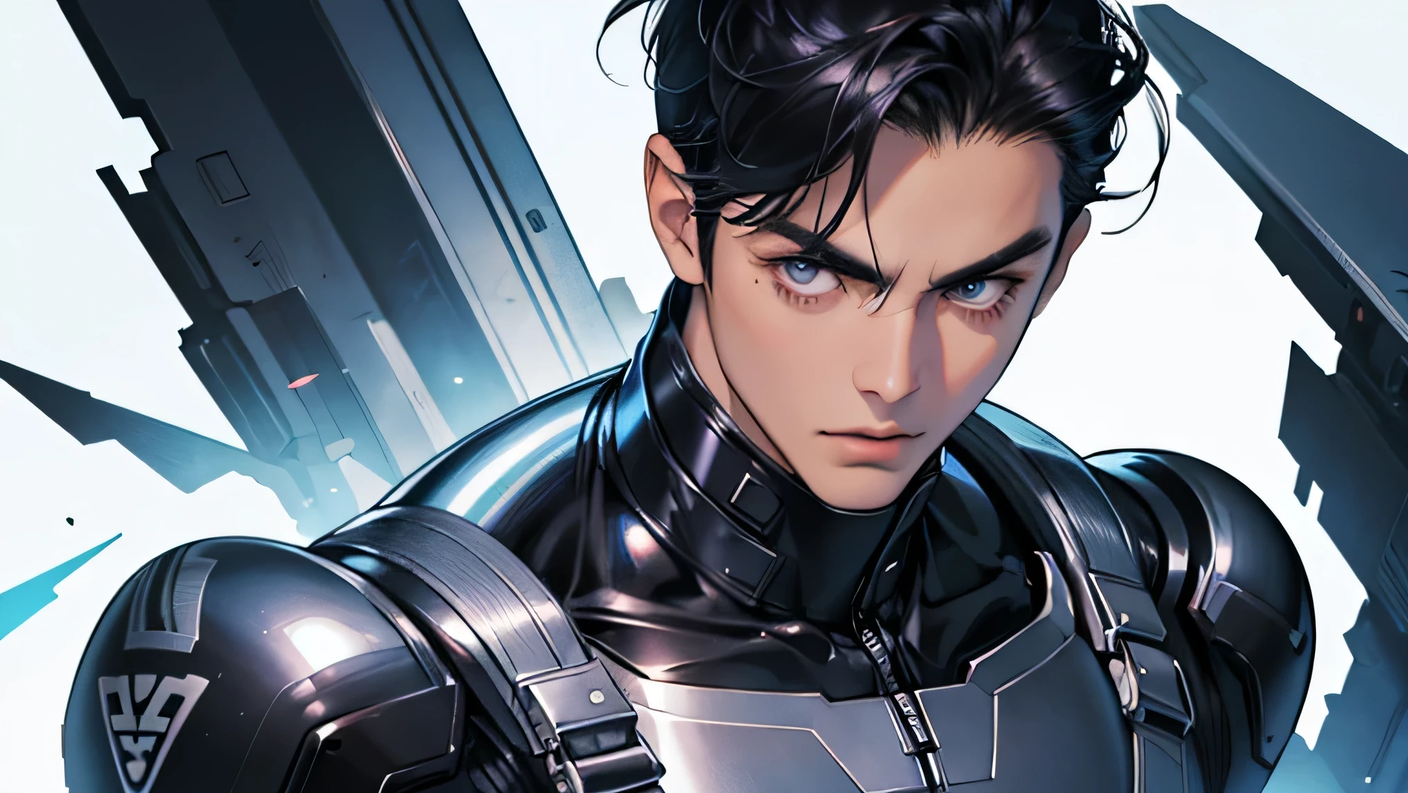 Face close-up Handsome Japanese male handsome model Black Hair Short cut G-I-A-CUT looking at the camera Shiny full-body silver suit Shiny silver latex suit Fierce face Face close-up from collarbone Handsome future Metal Body