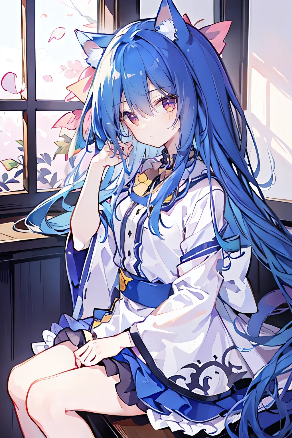 （masterpiece：1.2），Super detailed，lifelike，Expressive eyes，fair skin，perfect face shape，1 girl，
Japanese comics,Gorgeous blue hair,flowing blue hair,flowing clothes,Cat ears,Petals fall,beautiful lola,Baby Angel,
Shaking head with one hand，Cross your legs，，The pavilion is cool and comfortable,smile,back views,sunrise,Petals fall,sunrise，sitting on window sill drinking coffee and looking out the window。