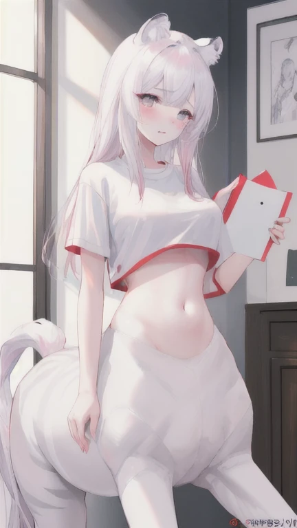 (best quality, masterpiece), 1 girl, centaur, It takes, White skin, korean ,daughter, black pink , crying sound,abdominal exposure, belly button t-shirt , 아름다운 소녀 perfect white tiger photo, perfect white tiger photo