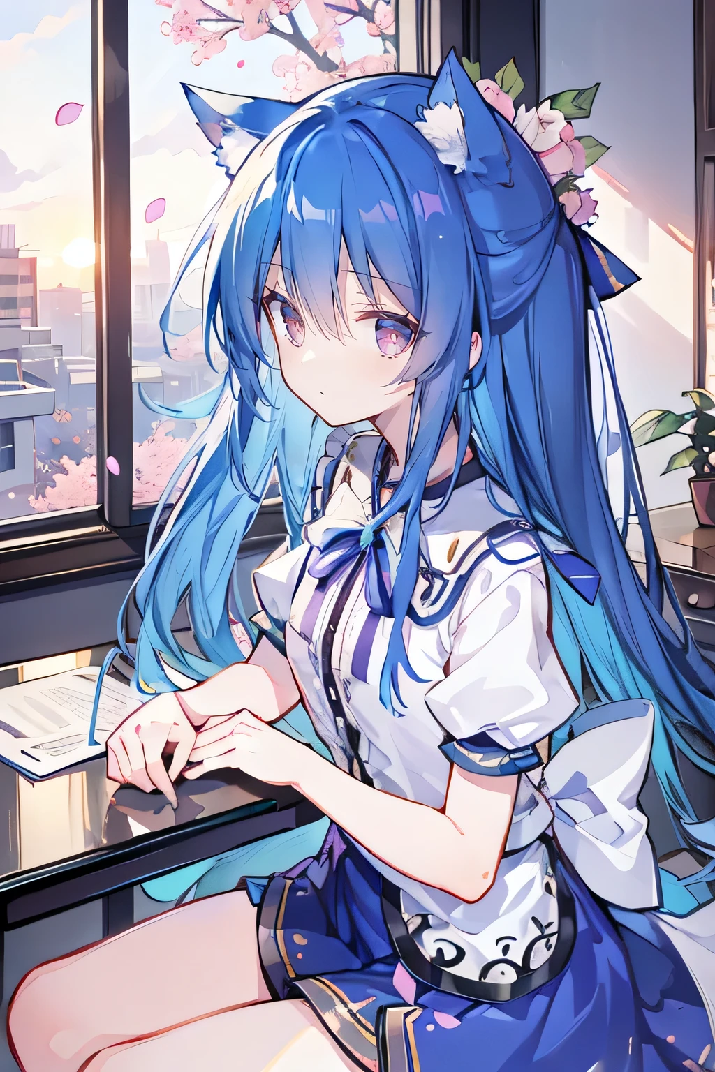 （masterpiece：1.2），Super detailed，lifelike，Expressive eyes，fair skin，perfect face shape，1 girl，
Japanese comics,Gorgeous blue hair,flowing blue hair,flowing clothes,Cat ears,Petals fall,beautiful lola,Baby Angel,
Shaking head with one hand，Cross your legs，，The pavilion is cool and comfortable,smile,back views,sunrise,Petals fall,sunrise，sitting on window sill drinking coffee and looking out the window。