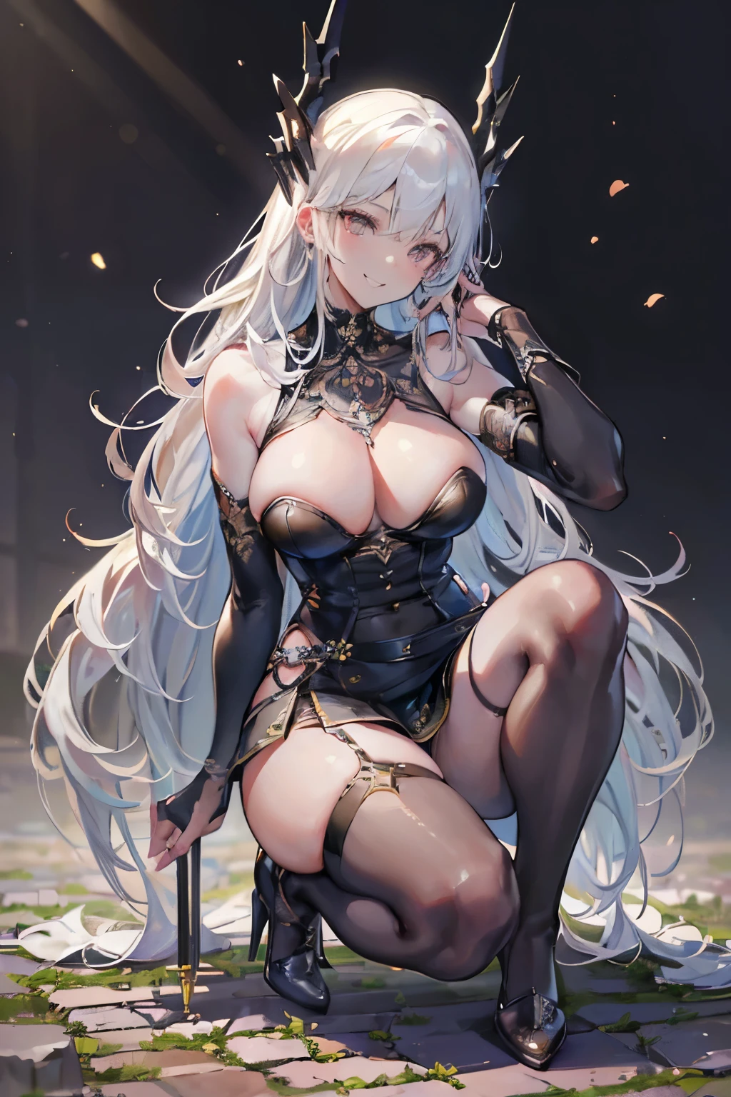 (masterpiece, Highest quality:1.3), (超detailed:1.2), (hyperRealistic:1.3), (RAW Photos:1.2), High-definition RAW color photos, Professional photos, (PhotoRealistic:1.4), (Realistic:1.4), Professional Lighting, Perfect Anatomy, (Big Breasts:1.1), (blush, detailedな顔), (smile:1.5), Flat lighting,elevation,sexy,A beautiful woman with supple curves,((Highest quality)), ((masterpiece)), (detailed),sexy,A beautiful woman with supple curves,((Highest quality)), ((masterpiece)), (detailed), One girl,Silver Hair,Long Hair，Dark Skin,Wearing a black sleeveless dress，Wear black high heels，Squatting pose on top of the tower,Starry Sky，cloud，２０Old woman，Look away,Wearing black garter belts on legs