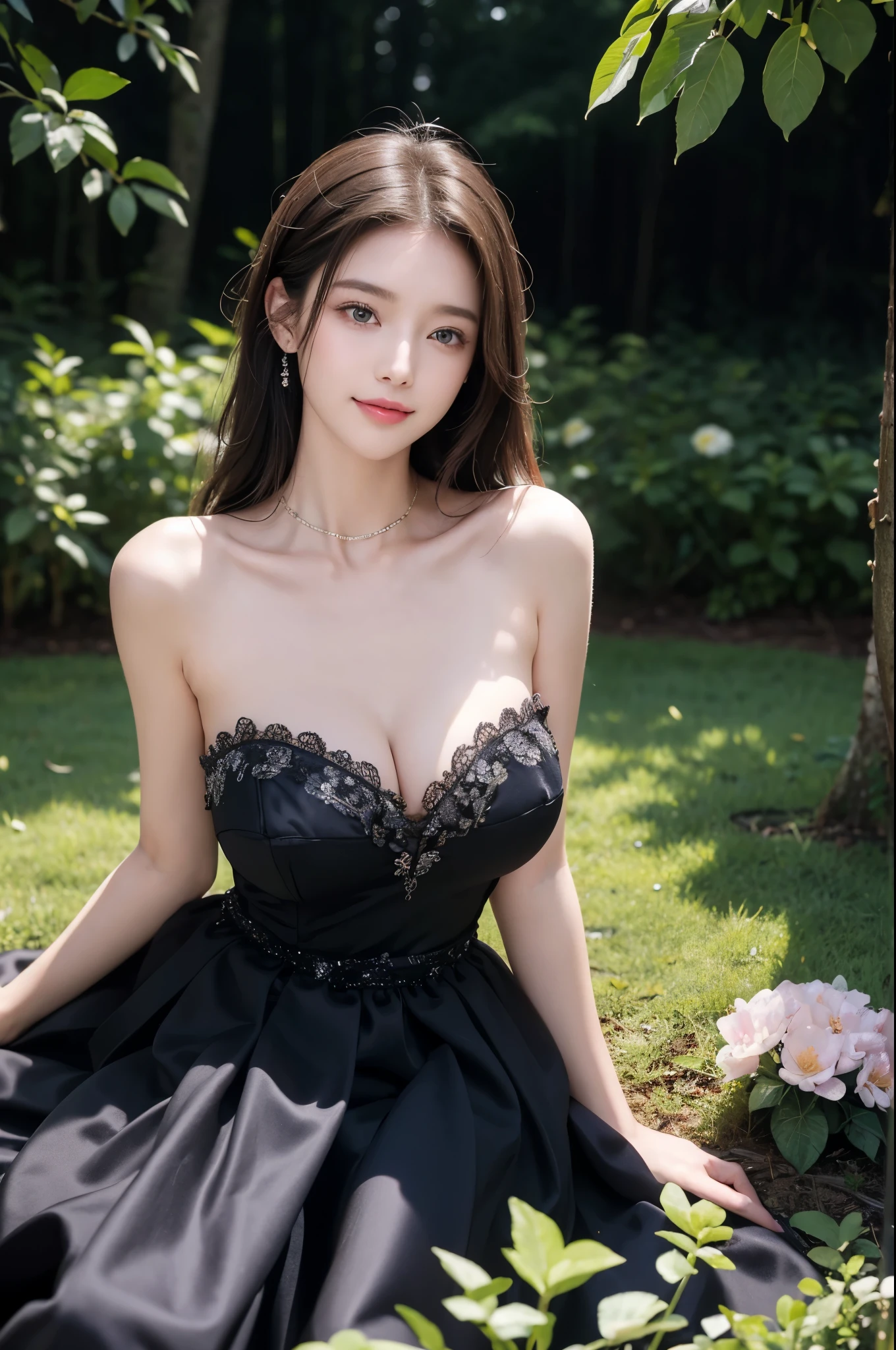 Sweet girl clothes4,strapless dress,jewelry, (night), moonlight下的公园中，A beautiful girl sitting on the lawn, It is surrounded by flowers, Butterfly, Visible cleavage, The body leans back，Support your body with your elbows, Elegant and seductive pose, 1 Girl, Delicate face, moonlight, Atmospheric lighting, Detailed environment, Dense forest, Dramatic Lighting, Movie, A bright smile, fantasy