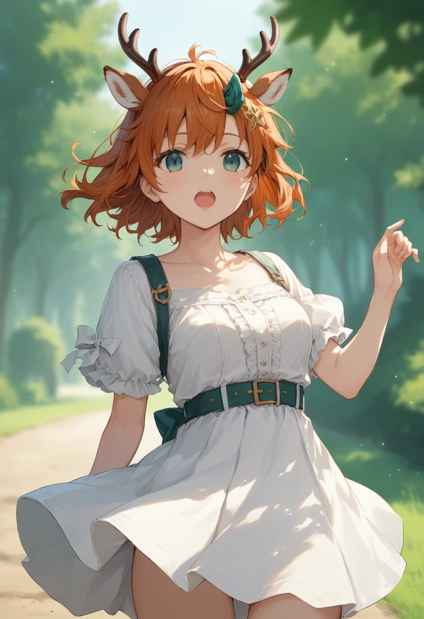 score_9,score_8_up,score_7_up,source_anime,cowboy shot,Idealized Forms,Natural Light,details background,blurry background,extremely detailed,1girl,ritsuka fujimaru(FGO),Comic expression,fake horn,Deer horn,open mouth