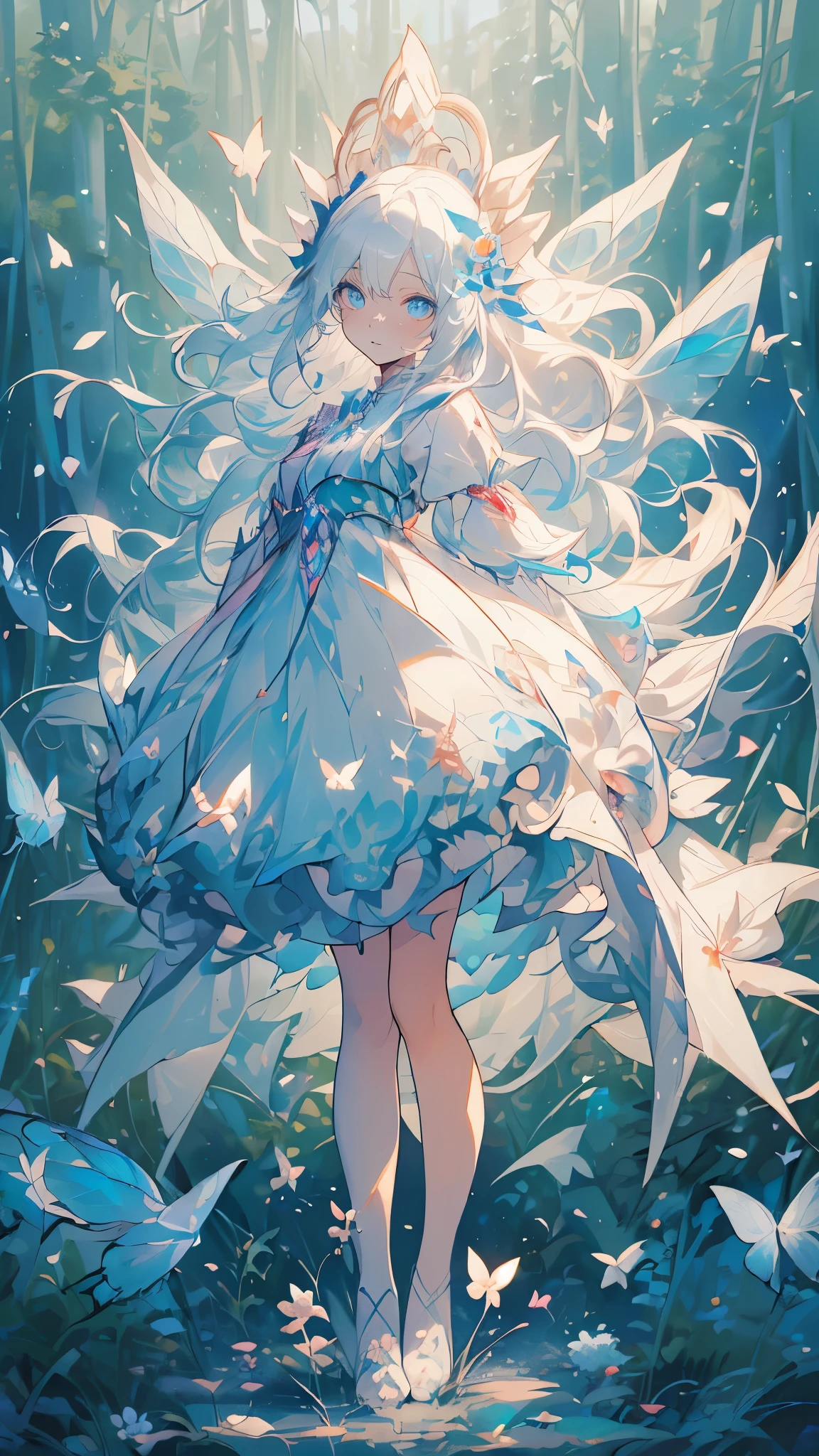 (Mastepiece), (Best Quality), Very detailed, 1 girl, (Solo full body shot:1.4), Perfect Face, beautiful girl, Very detailedな顔,(Long white hair:1.5),(blue eyes:1.4),(Lots of butterflies々:1.2)、(forest、Flower Field:1.4)、(Lots of petals:1.3)、(gem:1.3)、(smile:1.3)、Fairy、mysterious、Fantasy、beautiful、beautiful