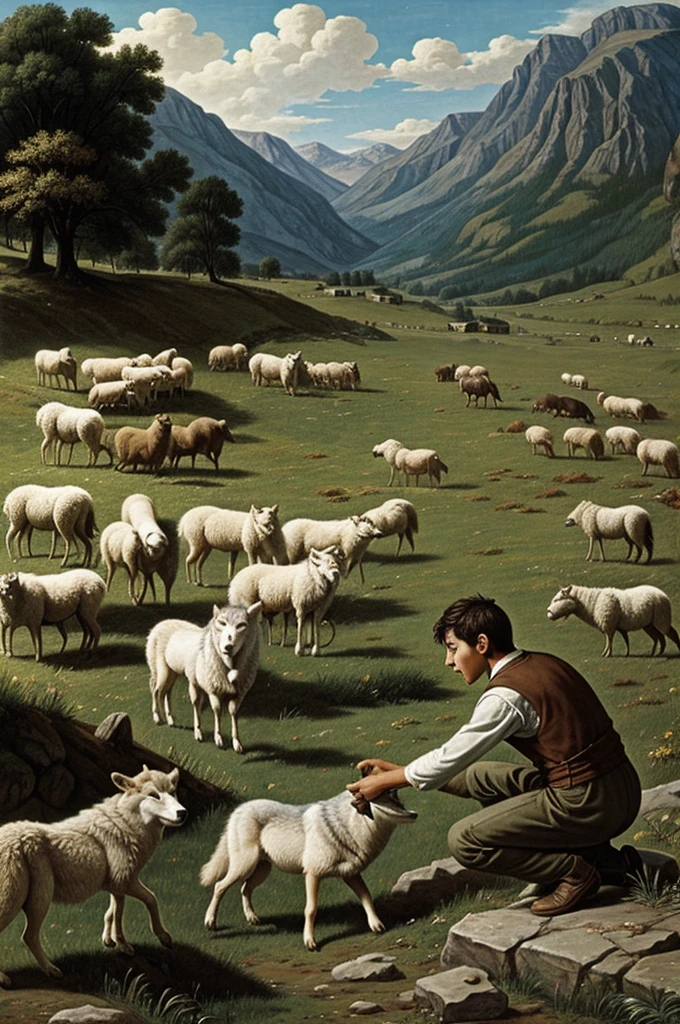 The boy crying out "Wolf! Wolf!" in desperation, with a wolf attacking the sheep in the background, while the villagers are nowhere to be seen.
