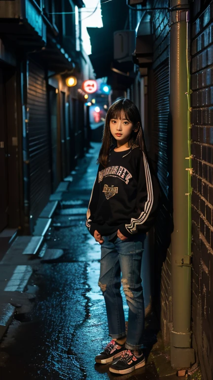 (((11 year old girl))), (((standing in dark alley downtown))), (((midnight))), alone, Japanese, medium hair, straight face, no smile, angry expression, no eye contact with viewer, old stadium jumper and damaged jeans Poorly dressed, looks like a prostitute, back alley in old European city, streetlight illuminates girl's face in darkness, movie scene, high resolution, highly detailed, fine detail, masterpiece, top quality, awards, highest resolution, photorealistic, raw photo, 8K wallpaper