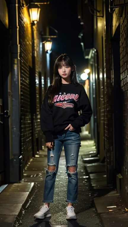 ((( girl))), (((standing in dark alley downtown))), (((midnight))), alone, Japanese, medium hair,  straight face, no smile, angry expression, no eye contact with viewer, old stadium jumper and  damaged jeans Poorly dressed, looks like a prostitute, back alley in old European city, streetlight illuminates girl's face in darkness, movie scene, high resolution, highly detailed, fine detail, masterpiece, top quality, awards, highest resolution, photorealistic, raw photo, 8K wallpaper