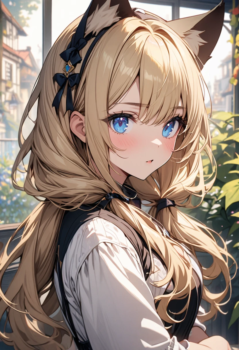 girl, blond hair, long hair, low twin tails, cat ears, beautiful, high detail, pretty, blue eyes