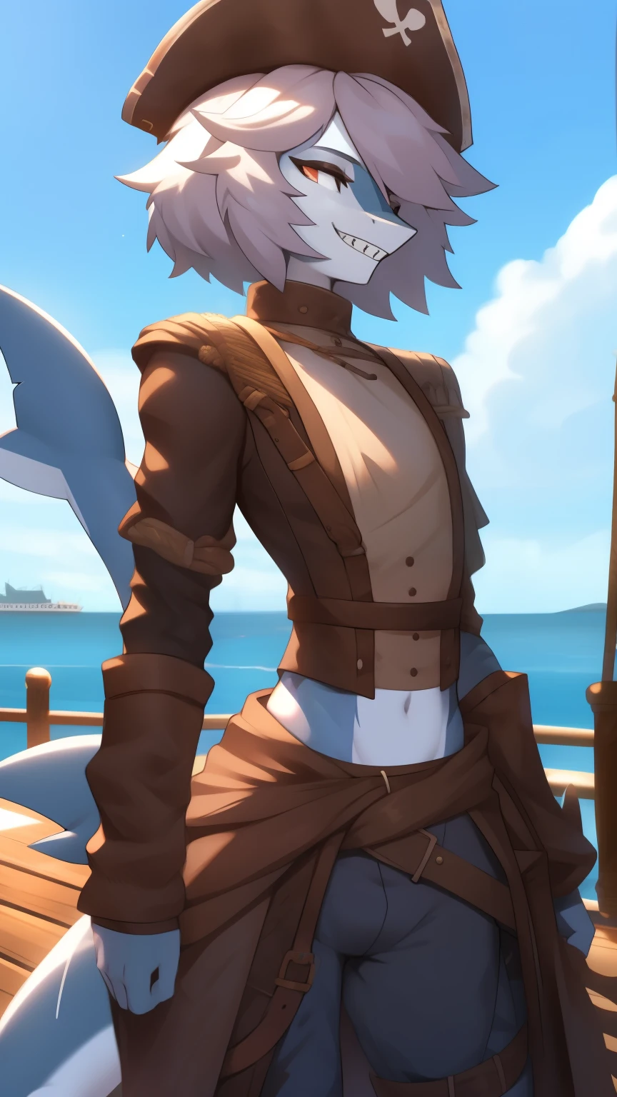 Best quality, Super detailed illustration, (furry boy shark:1.4) , feminine face and body, disheveled thick hair, pirate clothes, smug smile, half-closed eyes , against the background of the harbor ,a femboy ,small waist, wide hips, slim, perfect body, DND Style