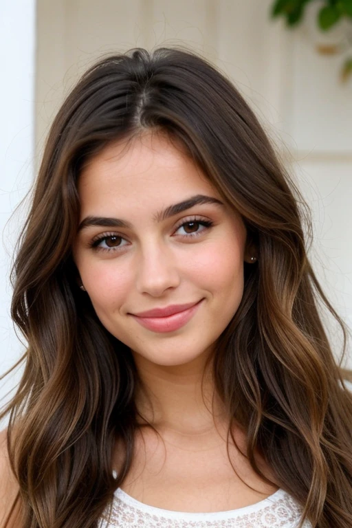 ((best quality)), brune, yeux noisette, pouty lips, petites paumettes, wavy and thin hair, fossettes au sourire, Latin and Mediterranean mix
