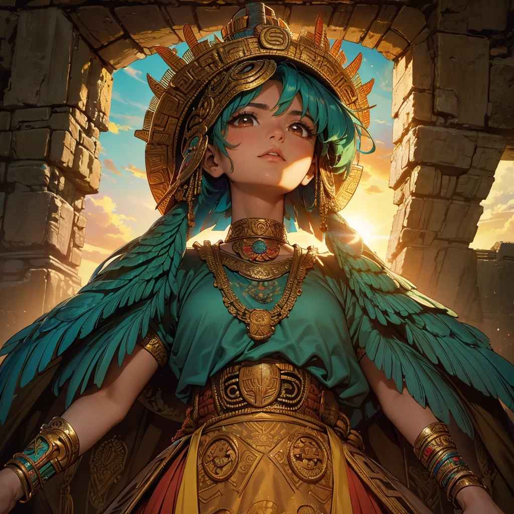 Childish, high quality、Very detailed、8Year、Mayan Aztec young priestess、Flying Feathered Serpent(Quetzalcoatl Kukulkan)look up at the sky and pray、Chichen Itza Forest Temple of the Sun、mysterious、