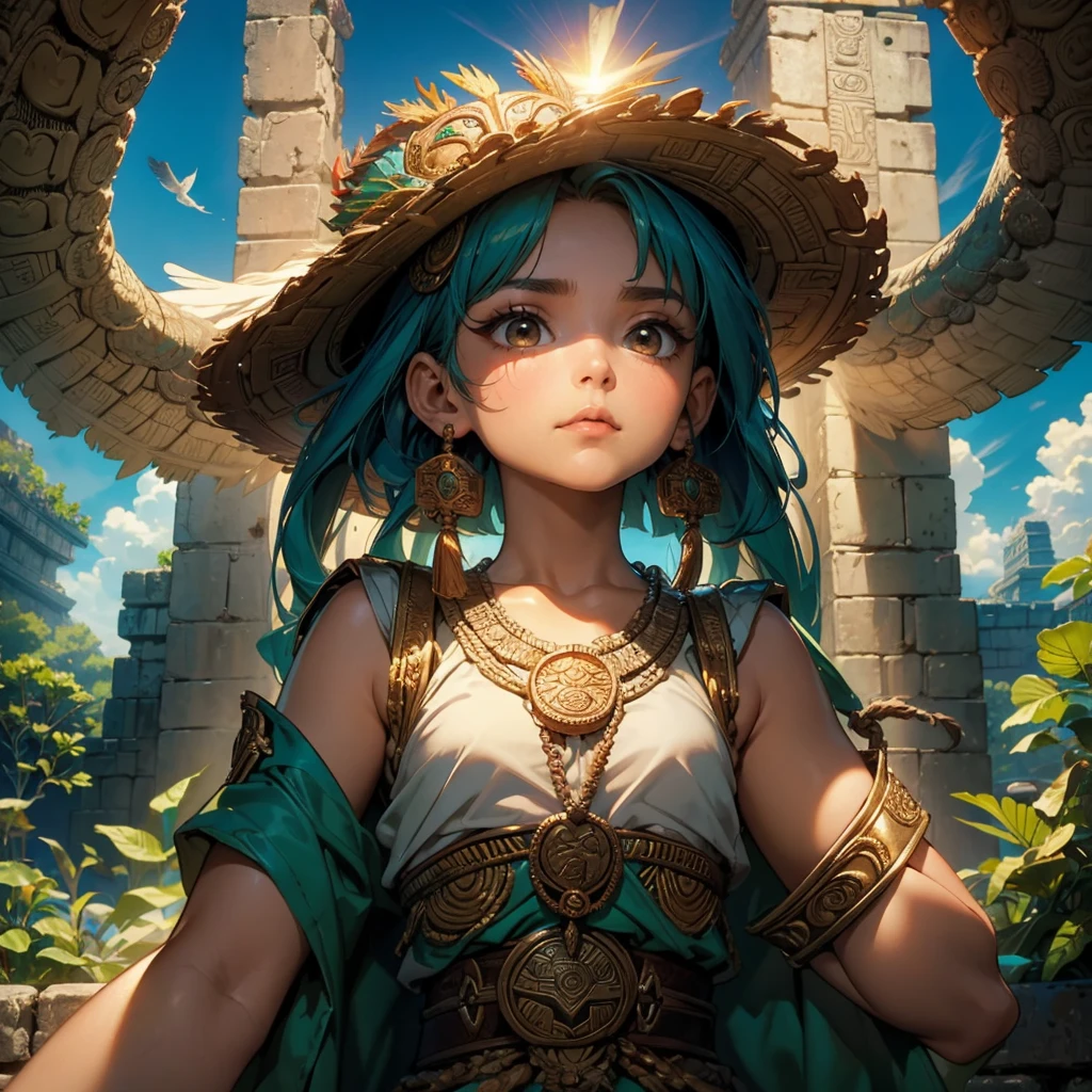 Childish, high quality、Very detailed、8Year、Mayan Aztec young priestess、Flying Feathered Serpent(Quetzalcoatl Kukulkan)look up at the sky and pray、Chichen Itza Forest Temple of the Sun、mysterious、