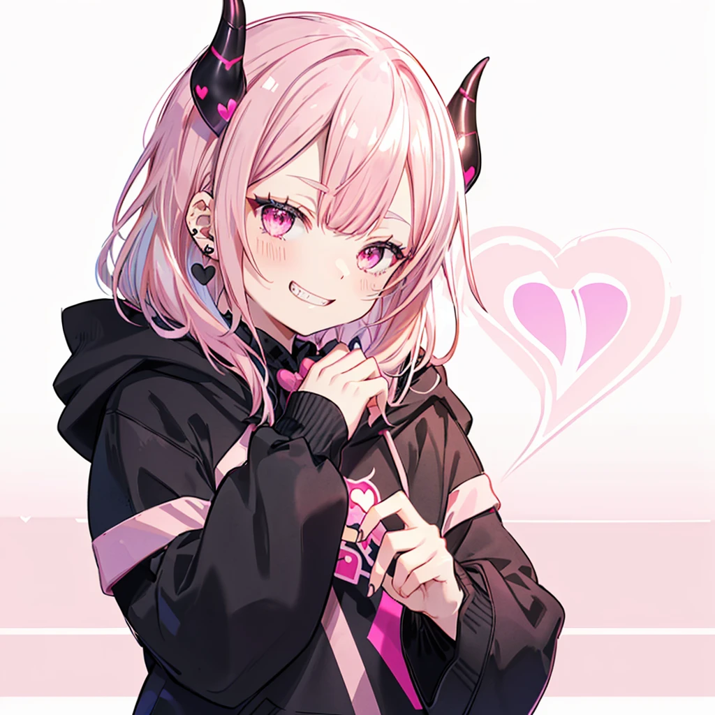 ((((Jagged　Open your mouth　Grin　Pink Background　shining heart))))　(((Black hoodie　Wearing a hood　Demon Horns　Heart Iris　Close-up　Pink Hair　Long Hair　Making a heart with both hands)))　((Shiny earrings　Small black ribbon))　Shining Edge　Shining Background