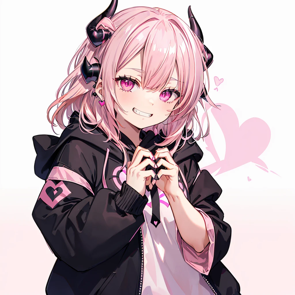 ((((Jagged Open your mouth Grin Pink Background shining heart)))) (((Black hoodie Wearing a hood Demon Horns Heart Iris Close-up Pink Hair Long Hair Making a heart with both hands))) ((Shiny earrings Small black ribbon)) Shining Edge Shining Background