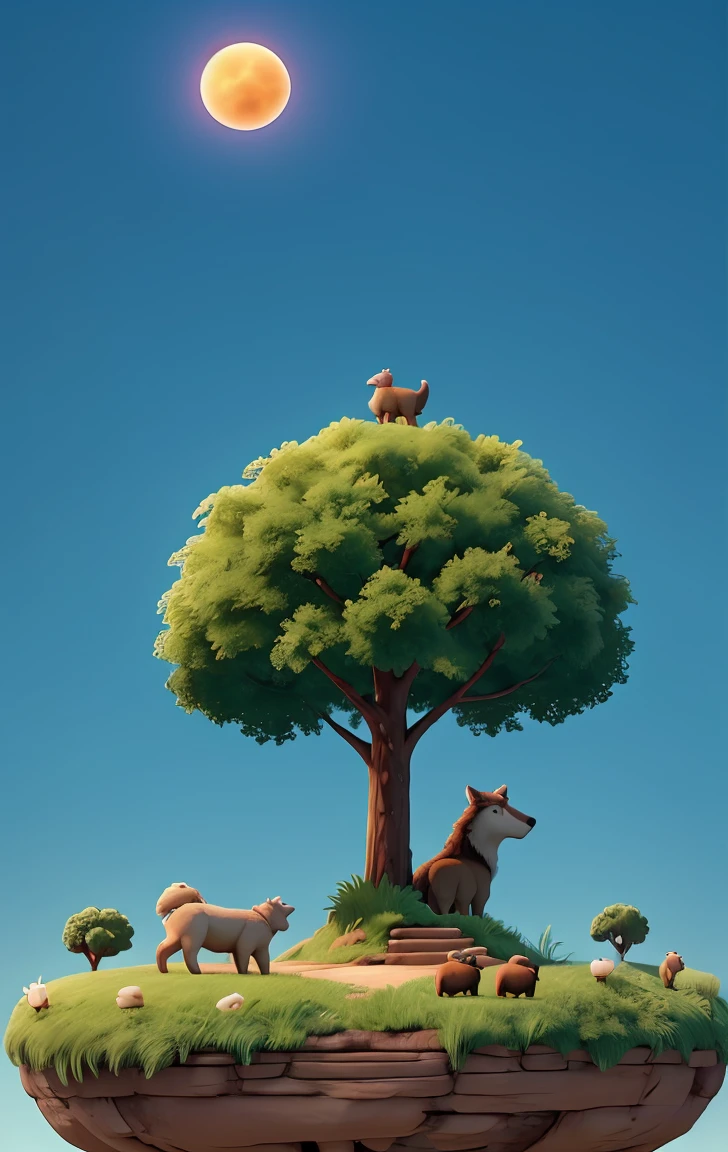 An isometric mobile game set on an island floating above the ground, with a small hill on it. A boy in overalls is herding sheep at the bottom of the hill, while a menacing gray wolf watches from the top. The design is simple and fresh, using a cute and colorful European and American 3D cartoon style, suitable as a high-resolution, high-detail mobile wallpaper or background. Soft lighting, bright colors, and a light blue sky create a fantasy world setting of a magical forest.