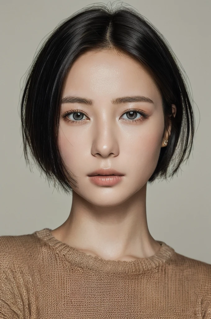 Masterpiece: 1.3), (8k, photorealistic, RAW photo, top quality: 1.4), (1girl), beautiful face, (realistic face), (black hair, short hair: 1.3), beautiful hairstyle, realistic eyes, beautiful detail eyes, (realistic skin), beautiful skin, (sweater), absurd, attractive, ultra high resolution, ultra realistic, high definition, golden ratio