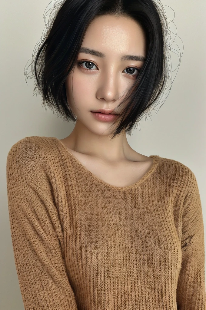 Masterpiece: 1.3), (8k, photorealistic, RAW photo, top quality: 1.4), (1girl), beautiful face, (realistic face), (black hair, short hair: 1.3), beautiful hairstyle, realistic eyes, beautiful detail eyes, (realistic skin), beautiful skin, (sweater), absurd, attractive, ultra high resolution, ultra realistic, high definition, golden ratio