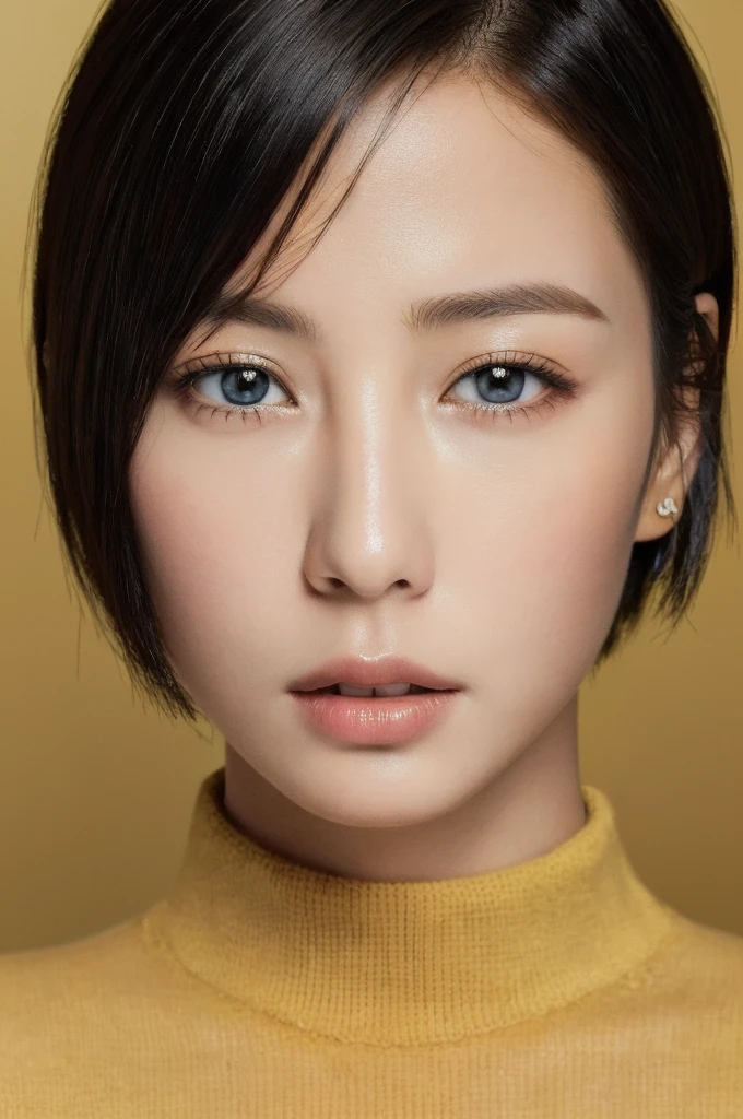 Masterpiece: 1.3), (8k, photorealistic, RAW photo, top quality: 1.4), (1girl), beautiful face, (realistic face), (black hair, short hair: 1.3), beautiful hairstyle, realistic eyes, beautiful detail eyes, (realistic skin), beautiful skin, (sweater), absurd, attractive, ultra high resolution, ultra realistic, high definition, golden ratio