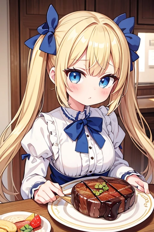 Eat a giant steak,Highest quality,Blonde with blue eyes、Lolita、Small breasts、Twin tails、girl&#39;Mischievous Smile,Holding a fork and knife,