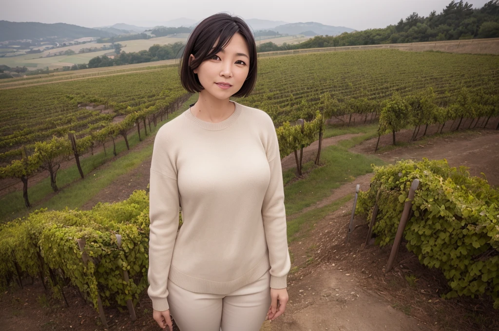 portrait、8k、high quality、realistic photo image、49 year old Korean woman, a chaste woman, Wrinkles around the eyes, Slender and beautiful woman, Reproduce natural and realistic eyes、beautiful black hair, short medium hair、mild anger、Composition of the Golden Ratio、laugh、High-end luxury brand long-sleeved t-shirt 、italian countryside dawn, smother, Endless vineyard, standing on a foggy hill, A cathedral can be seen far away in the fog.. 1 woman, beige casual pants, Canon 16-35 wide angle lens shot, 1 woman