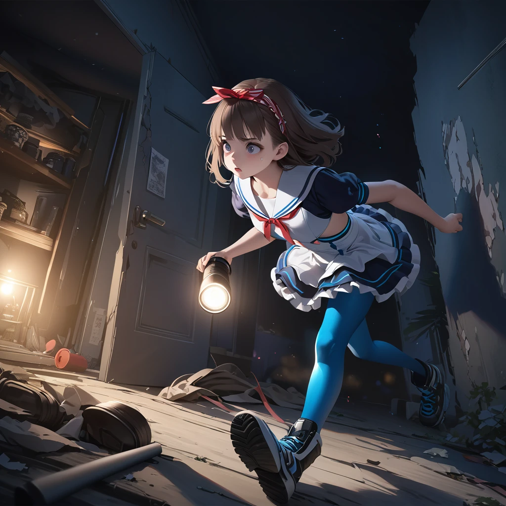 (Highest quality,4K,High resolution),Very detailed,Realistic, Japanese , Looks scared, Long brown hair,mysterious, Ecomodernism, Bokeh, Ribbon Headband,Small breasts,Futuristic Sailor Lolita Dress,Puff sleeves,White and blue,Colorful lighting, Red ribbon, Dark blue pantyhose,Sports boots, Have a flashlight, Walking alone through a haunted abandoned house, At night, Low Light, darkness, Very detailed, 4K. Blue tights, tumble, Fall down